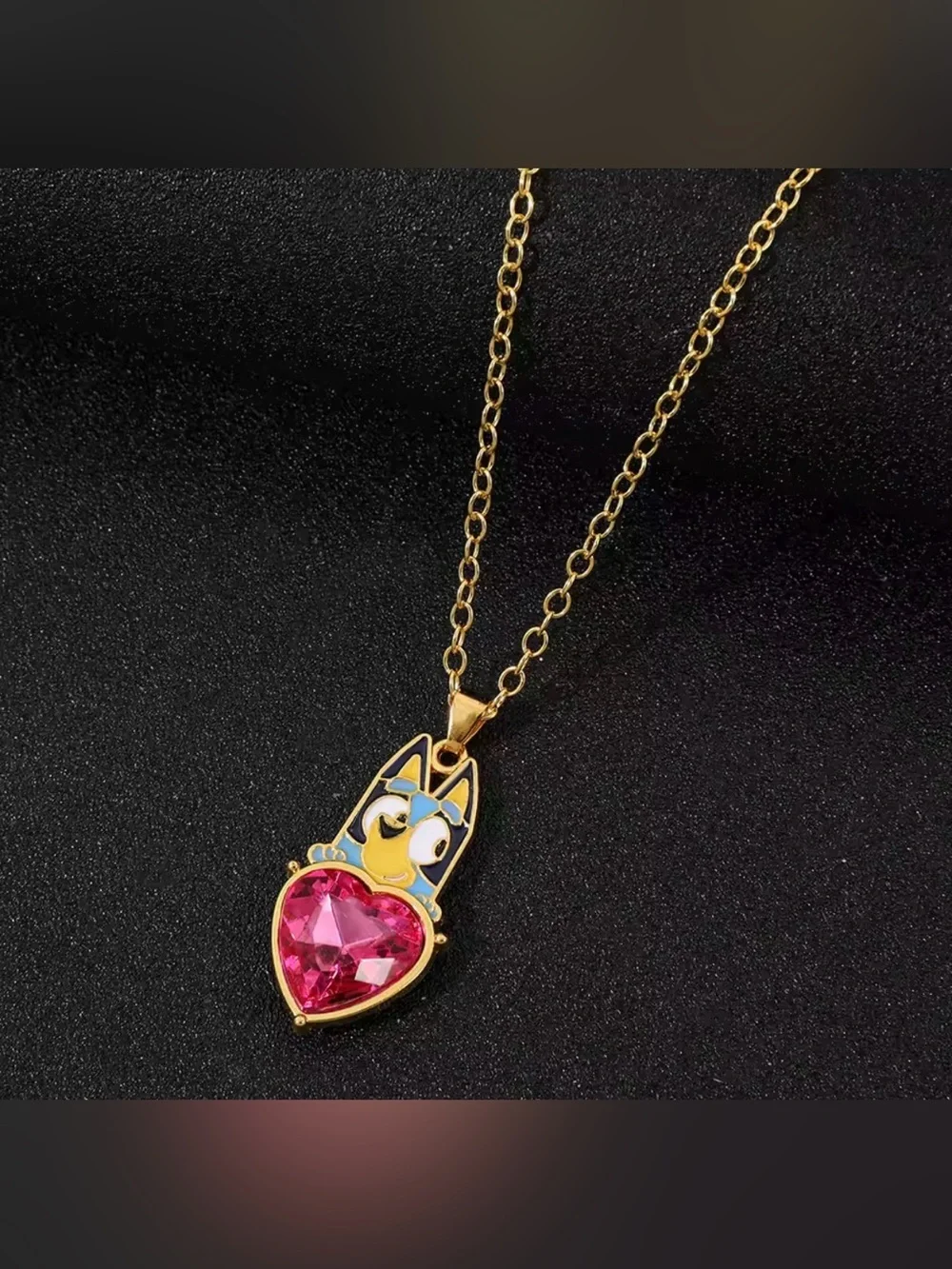 Bluey Holding Ruby Colored Heart Gold Tone Pendant Necklace Disney Character